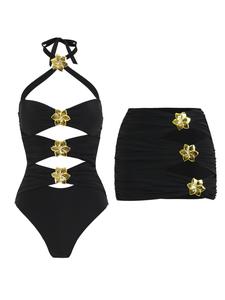 women's flower decor ruched halter one-piece swimsuit & cut out swim skirt set, solid tie backless criss cross swim bodysuit & cover up swimming skirt, two piece set swimskirt women, ladies swimsuit for beach holiday vacation, cutout swim suit