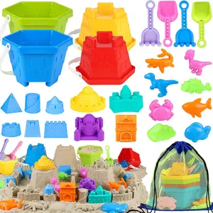 P-TBT065  Beach Sand Toys, Sandbox Toys for Kids Family Sharing Set, Sand Castle Kit with 4 Beach Buckets and 4 Shovel Tools & Sand Molds, Travel Beach Toys for Toddlers Boys Girls Age 4-12