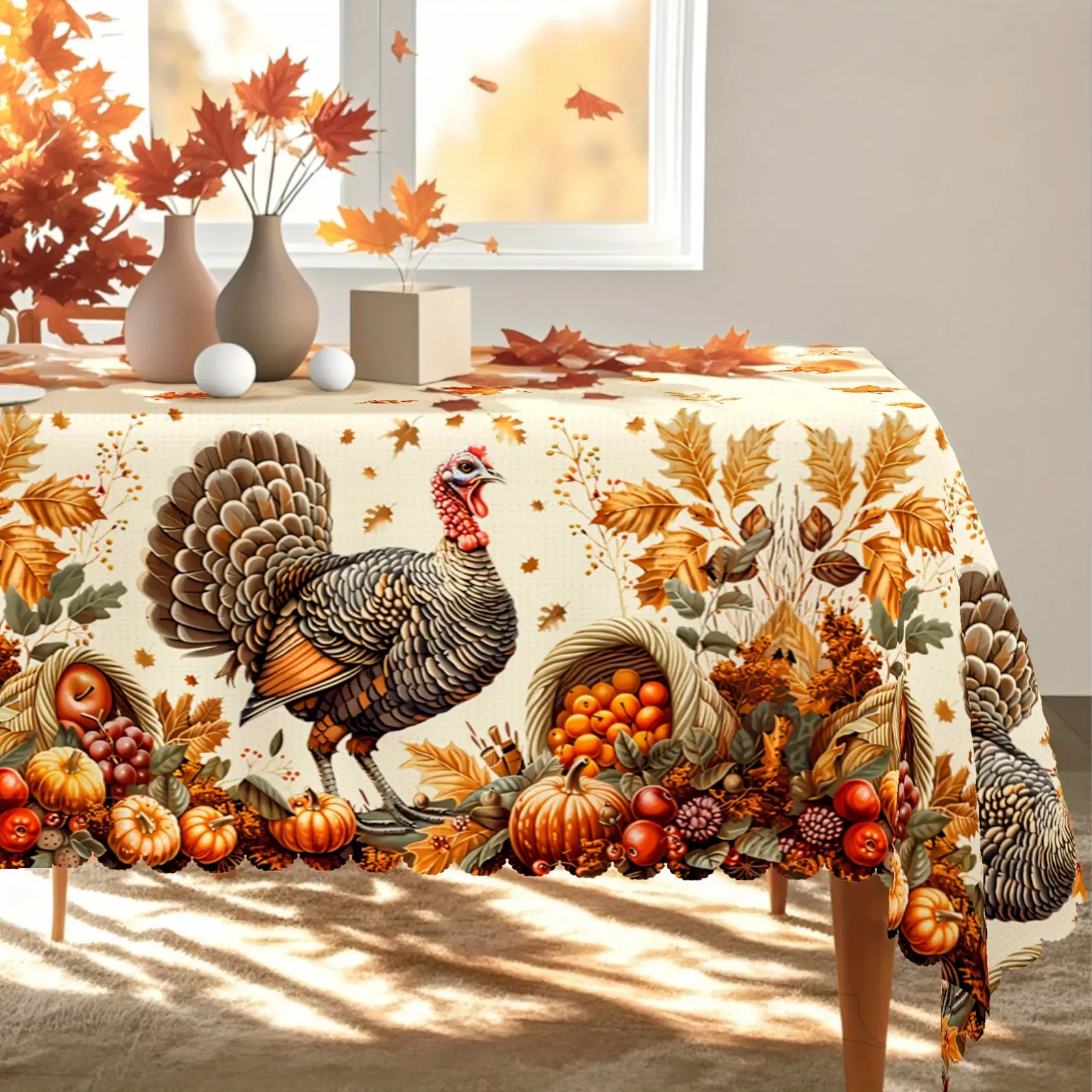 Happy Thanksgiving Tablecloth Featuring Designs of Turkeys, Maple Leaves, Pumpkins, And a Bountiful Harvest, Perfect for Autumn And Thanksgiving Decor, Ideal for Indoor And Outdoor Parties And Family Gatherings, Autumn Decorations Hand Lace