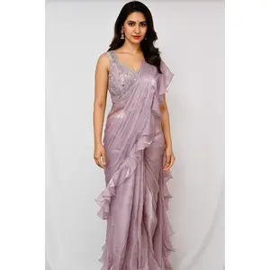 Organza Silk Ready to Wear Saree with Hand Embroidered Blouse & Belt