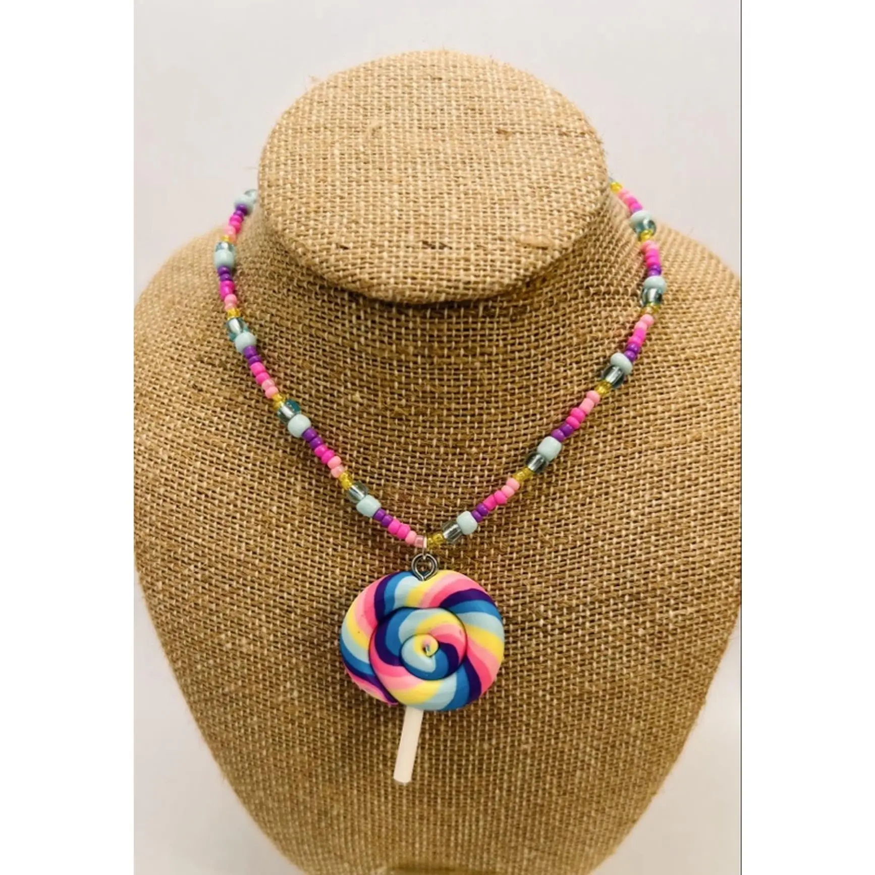 Rainbow Gobstopper Stretchy Stackable Necklace 16 in Pastel Multicolor Seed Beads & Bold Rainbow Swirl Lollipop Pendant Kidcore Dopamine Dressing Festivals Summer Days Everyday Joy