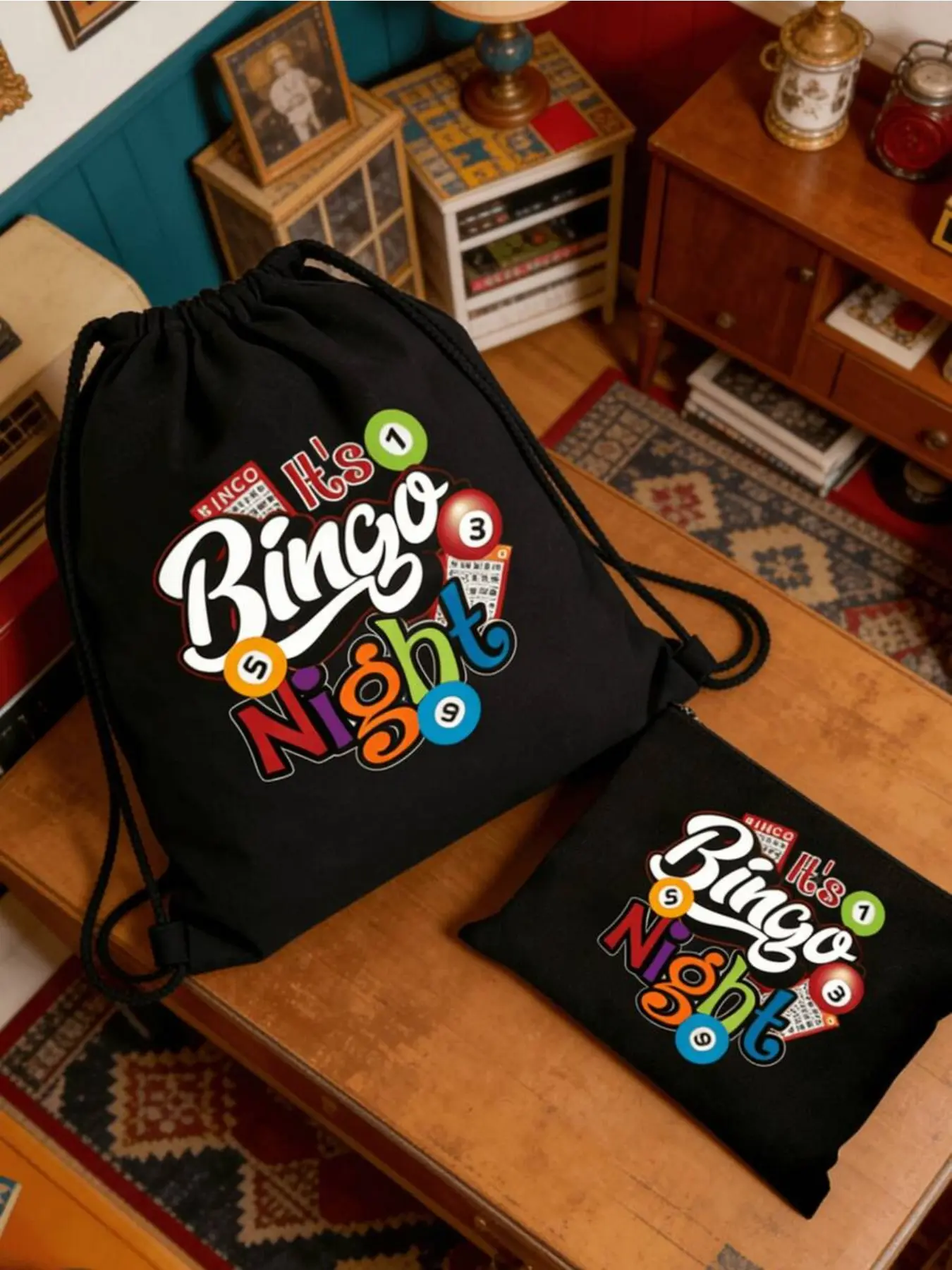 Bingo Night Drawstring Backpack, Portable Canvas Day Bag, Large Capacity Travel Bag, Perfect for Parties, Camping, Gifts