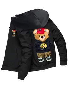 Oversized Graphic Hoodie with Cartoon Bear Print, Fitted Long Sleeve Sweatshirt, Soft Warm Breathable, Casual Streetwear for Fall & Winter, Tops