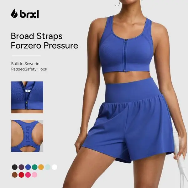 BRXL Women's Seamless Front Zip Sports Bra, High-Stretch Shaping Active Sports Bras with Sewn-in Pads, Wide Racerback Straps for Medium-Impact Running, Yoga | Women's Fitness Breathable#Summervibes-1  Sports Bra Breathable Gym