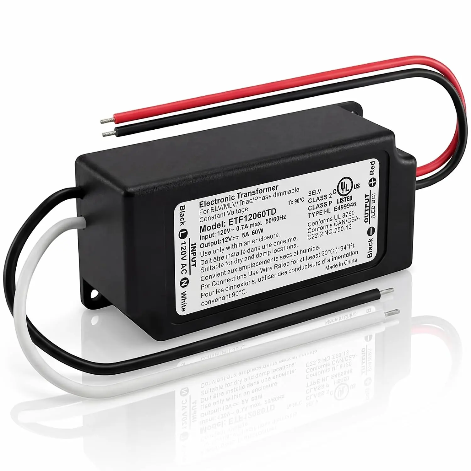 1 Pcs 12V 60W Dimmable LED Driver,UL&FCC Listed Class 2