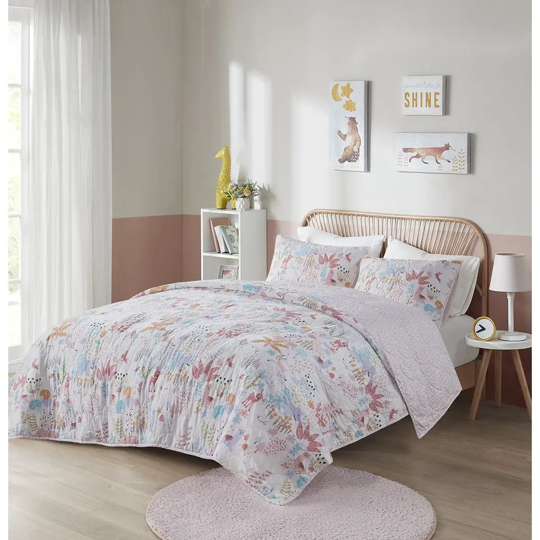 Woodland Animals Reversible Cotton Quilt Set, Iris