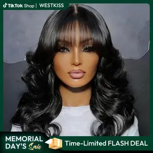 West Kiss Glueless Wig With Bangs Body Wave 5x5 Lace Closure Wig Human Hair Ready To Go Wig tiktokshopmemorialday
