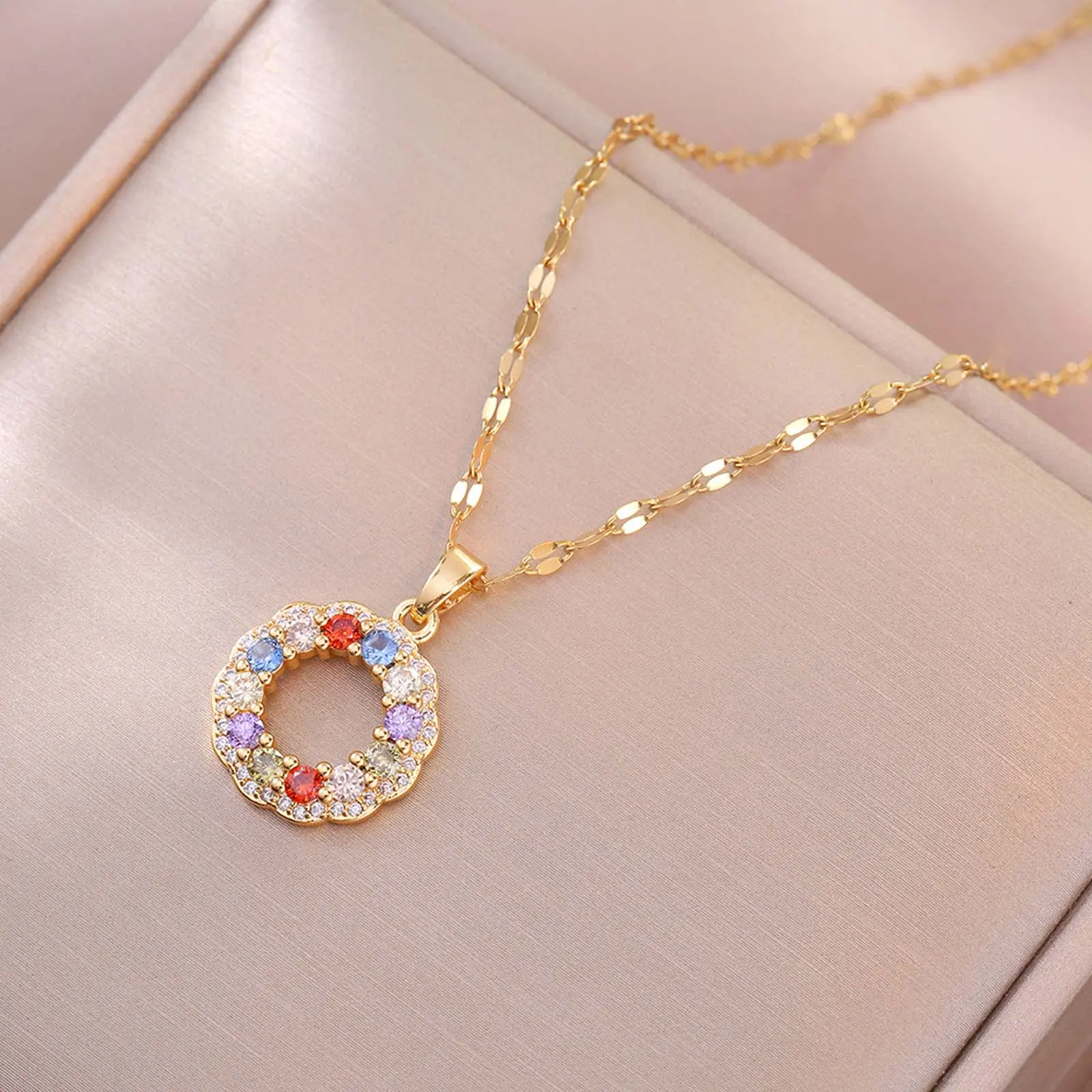 Zircon Colorful Donut Pendant Necklace Titanium Steel Female Clavicle Necklace Girlfriend Gift