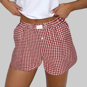 Dear-Lover Women's High-Waist Red Gingham Plaid Shorts, 100% Polyester Cold Wash Above-Knee Bottoms, Elastic Waistband, Single Button Fly, Casual Cute Comfy Fabric