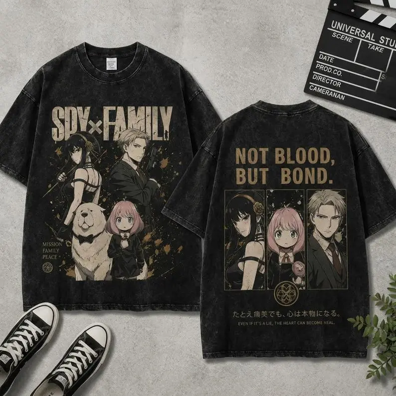 Men's Spy Family Graphic T-Shirt - 100% Cotton Vintage Acid Stone Wash Oversize Short-Sleeve Menswear, Casual Anime Streetwear Top with Bow, Retro Fashion, Basic Style, Tie Back (Ideal for Thanksgiving, New Year), Fitted