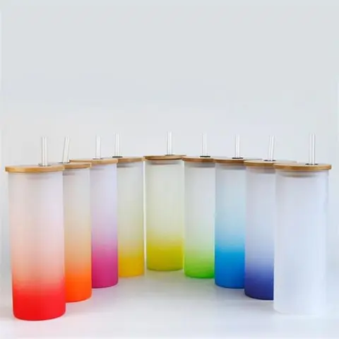 25oz Sublimation blank glass ombre gradient Tumblers (Includes Bamboo Lid & Straw) Bottle Drinkware Portable Reusable Water Bottles Cup