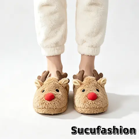 2026 Christmas-themed home slippers, men's and women's versions, deer-shaped fashionable three-dimensional home slippers