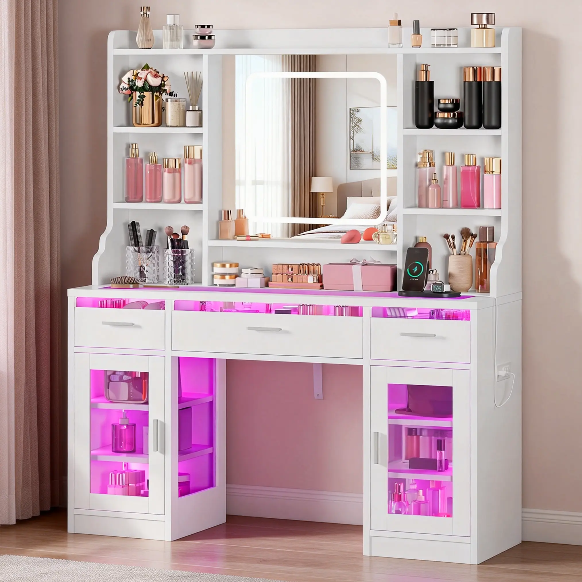 White Vanity with Lights - Stand-Alone Modernist Organized Storage Makeup Dresser Table, Smart Lit Glass Tabletop, 6 Storage Shelves, 2 Large Tempered Cabinets, Built-In Power Outlet, for Bedroom campingessentials