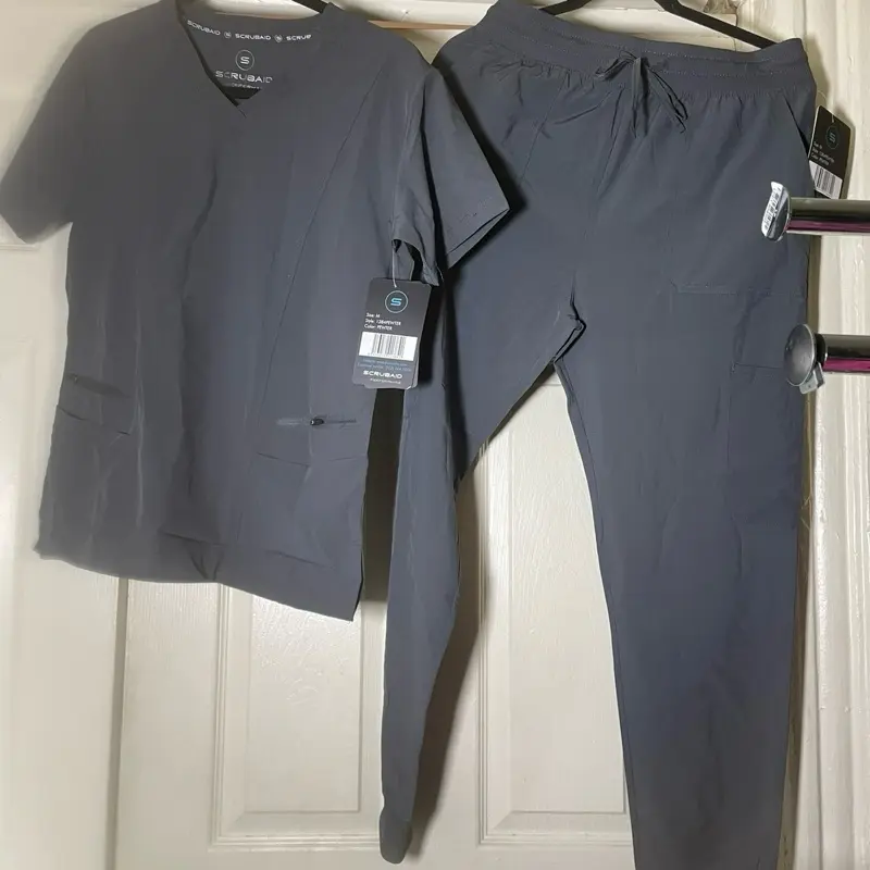 Pewter Scrub Uniform Set - Short Sleeve Top & Drawstring Pants - Medical Scrubs Womenswear