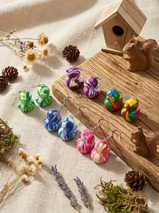 Creative Animal Ear Ring Set, Colorful Marble Texture Cute Cartoon Duck Resin Earrings, Women Fashion Drop Earrings, Party Wear, Fun Birthday Gift