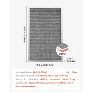 VEVOR Electrostatic Air Filter, 16x25x1 inch Washable Reusable Aluminum AC/HVAC Furnace Filter, MERV 8 Long Lifetime, Home or Office (Actual Size: 15.5x 24.65x 0.82 in)