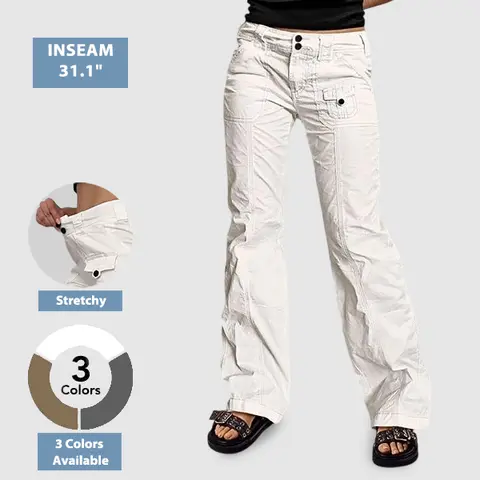 Flamingals Solid Seam Front Patch Pocket Mid Rise Straight Leg Pants Women