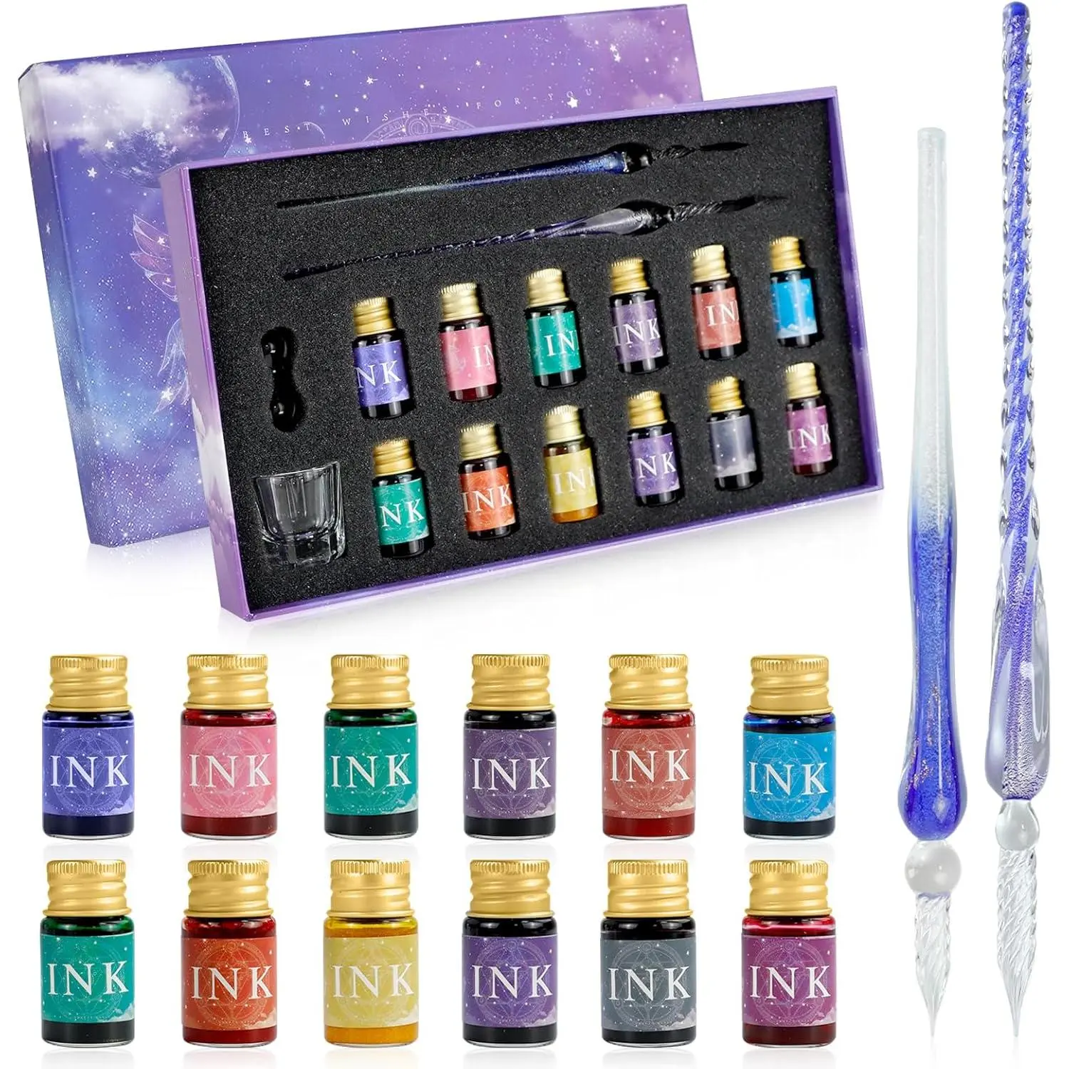 Glass Dip Pen Ink Set, 16 count Fountain Calligraphy Pens Set, 2  Signature Glass Pen, 12   Drawing Ink Drip Tool for Art Writing Signatures Beginners Valentines Day