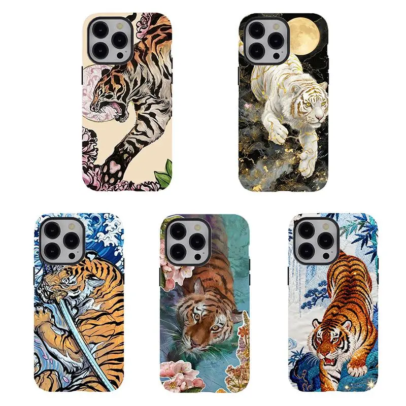 [No Magnetic] Vintage Chinese Tigers Phone Case,Chinese Style Aesthetic Tough phone Cover,Durable Dual-Layer design tough phone casing for iPhone 17 16 15 14 13 12 11 8 7 for Samsung Series,Shockproof Protective smartphone Cover,perfect gift for her/him