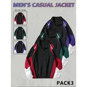 Men's Splicing Color Zip Jacket Regular Fit Casual Long Sleeve Polyester Coats Tops with Zipper for Fall Winter Daily Wear fall,outfits Menswear