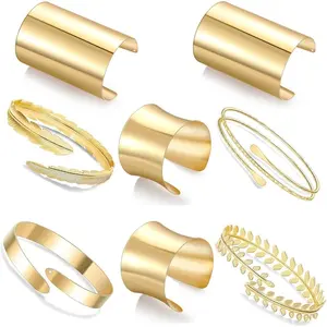 Bangle Bracelet 8-Pcs Wide Cuff Set for Female, Open Thin Thread Wire Grooved Adjustable Wrist & Upper Arm Bands, Elegant Minimalist & Trendy Stack Cuff Bangles Bracelets Jewelry Accessories, Elegant Minimalist Bangle