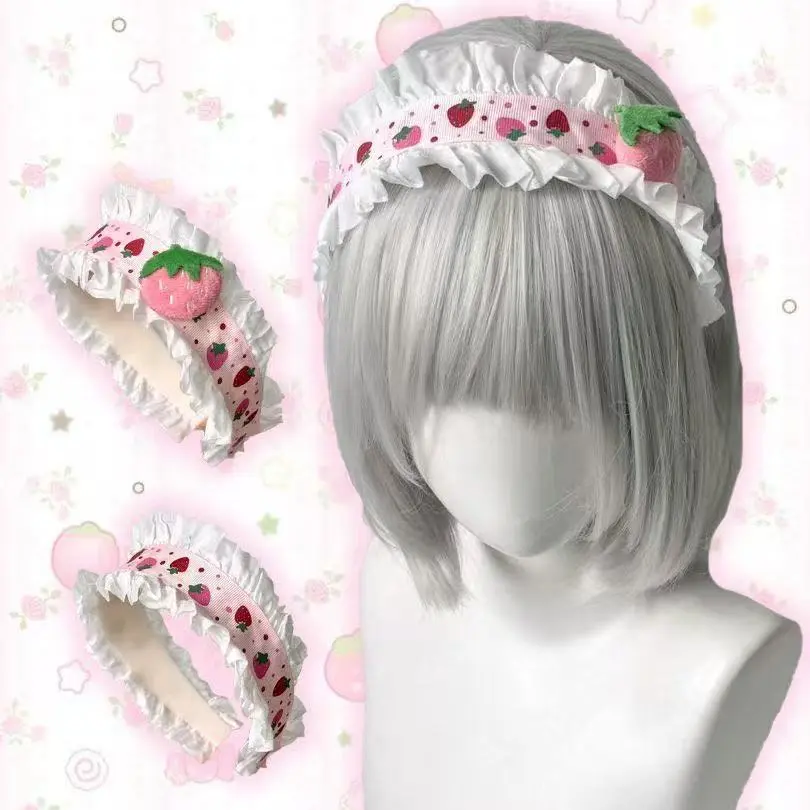 Girls' Strawberry Ruffle Wide Headband - Sweet Lolita Pink Polka Dot Hair Hoop, Kawaii Cottagecore Fashion Hair Accessory