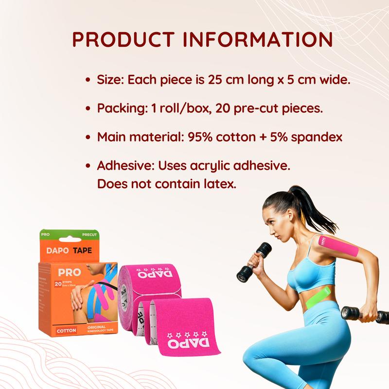 Dapo Kinesiology Tape, muscle support tape, sports tape, flexible sports tape, for wrapping knees and ankles, 20 pre-cut pieces, 5cm x 25cm.