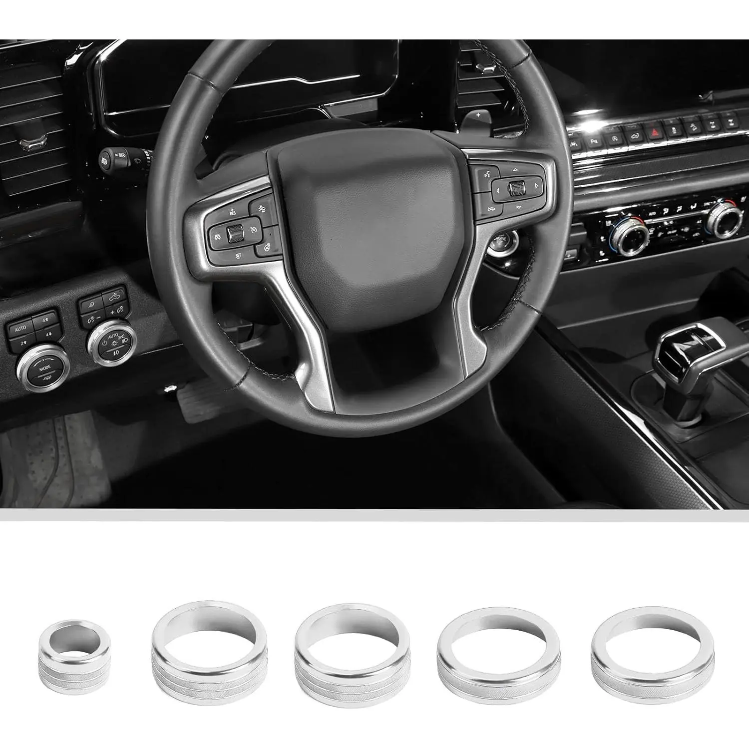 Radio AC Knobs Air Conditioner Button Center Console Knob Cover Trim for 2022-2025+ Chevy Silverado GMC Sierra Interior Accessories Aluminum Alloy Silver 5PCS