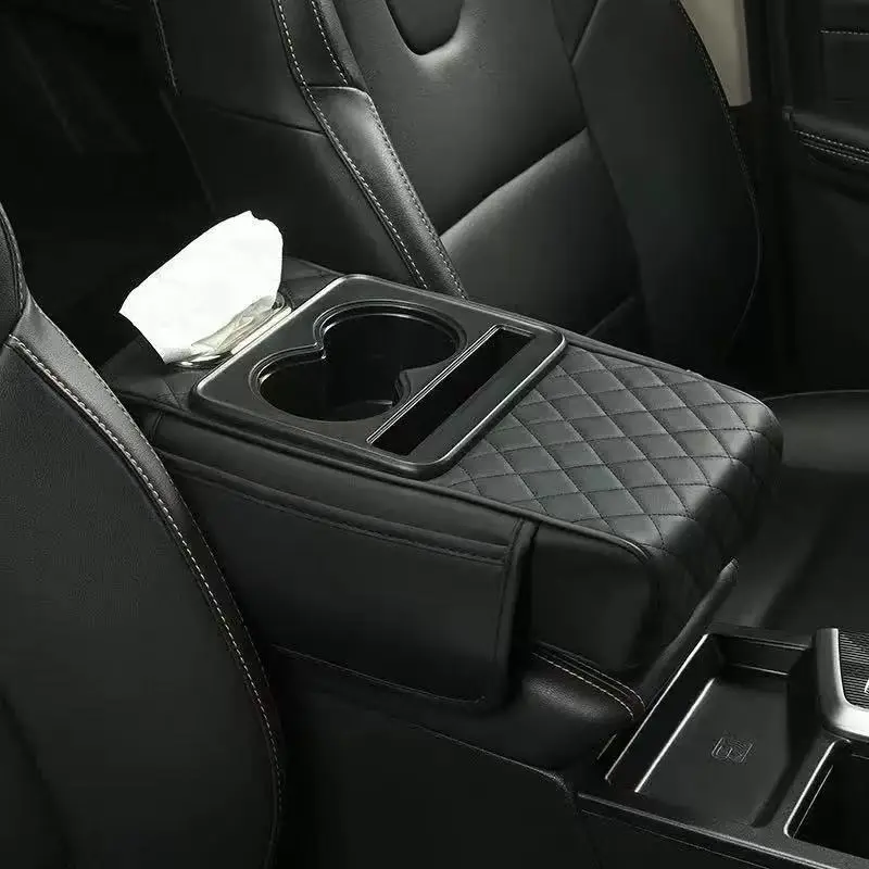 AutoVerve Elite Car Center Console Armrest Pad Nappa Leather with 2 Cup Holders Storage Bag Tissue Box Black Red Lines