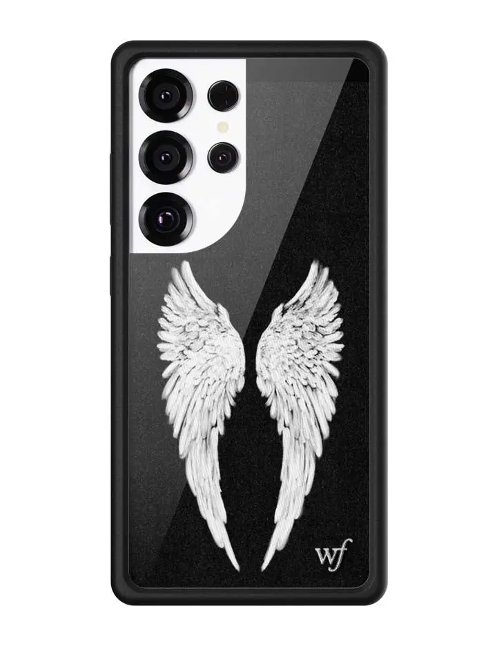Black Angel Baby | Limited Edition Trendy Samsung Galaxy Case | Raised Protective Black Bumper | Women Owned Small Business | Dark Black Background Angelic Feather Wings | Safety Casing Protective | Gift for Her