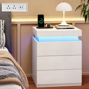 Modern Nightstand with Sliding Top Charging Station LED Lights 3 Drawers Bedside Table for Bedroom Home Furniture