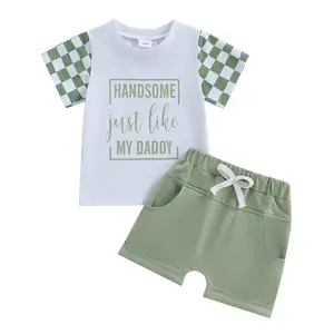 Toddler Boys Summer Outfits Handsome Just Like My Daddy Letter Print Checkerboard Short Sleeve T-Shirts Tops and Elastic Waist Shorts Clothes Sets