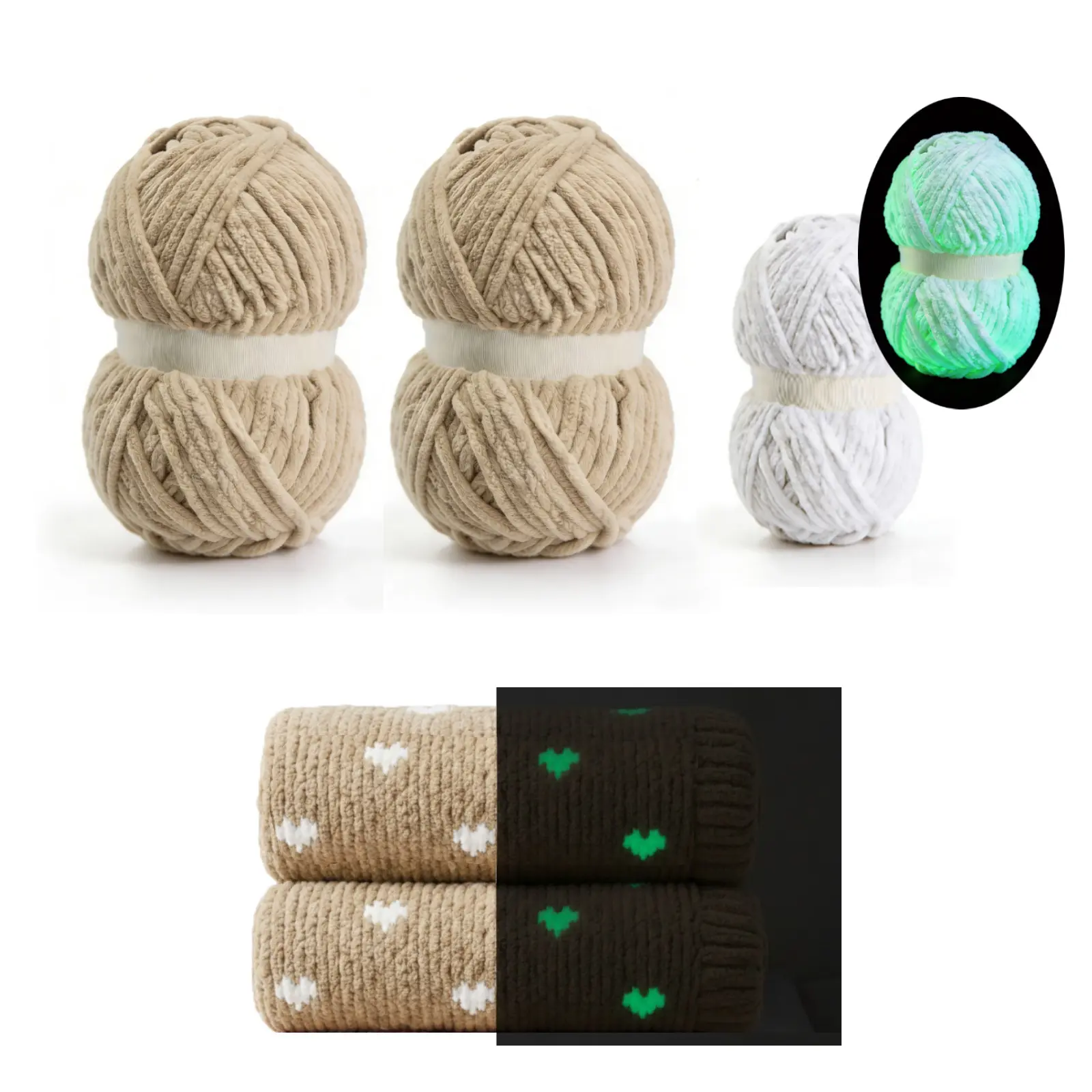 Glow in the Dark Chunky Yarn Bundle, Super Bulky Chenille Blanket Yarn for Crocheting, 3 Skeins (2 Solid Colors + 1 Glow Yarn) Soft Plush Velvet Yarn for Knitting Creations, Khaki