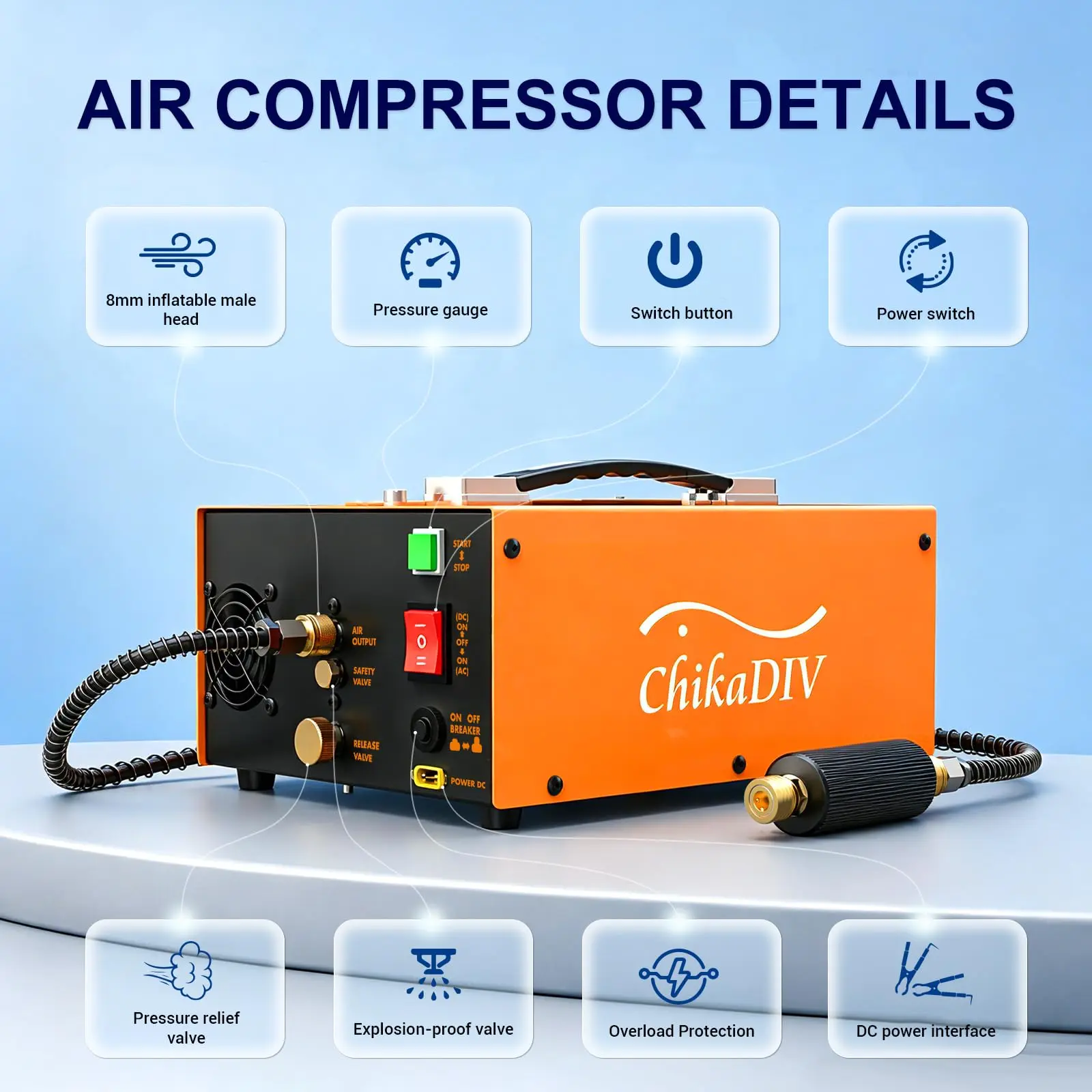 ChikaDIV 4500 PSI High Pressure Air Compressor, Portable Electric Air Pump with Auto Stop, 350W Fast Fill Inflator, Dual Power 12V DC & 110V/220V AC for Small High-Pressure Air Tanks