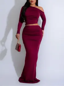 Women's Solid Asymmetrical Neck Top & High Waist Skirt Two-piece Set, Elegant Fashion Casual Top & Skirt for Daily Outdoor Wear, Women's Clothing for Summer, Suits