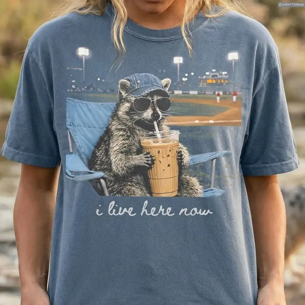 Funny Raccoon Drinking Iced Coffee Shirt | I Live Here Now Graphic Tee | Comfort Colors Vintage Raccoon Baseball Tee Print Tee, Andrew Clothings