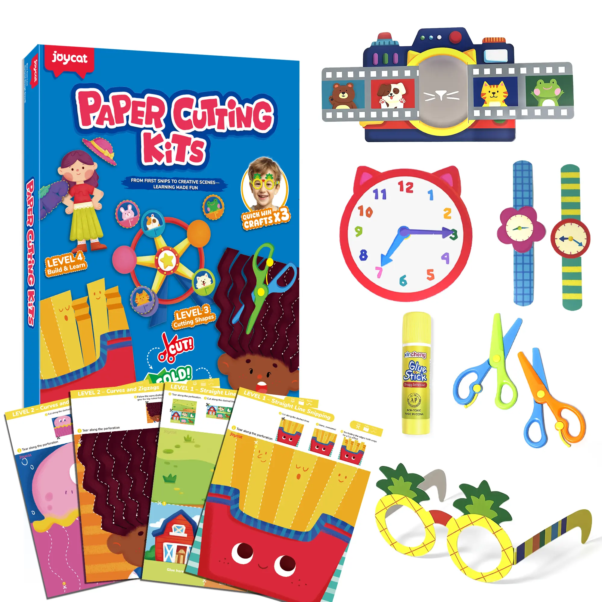 Toddler Scissor Skills Activity Book, 4 Progressive Levels to Learn Cutting for Kids Ages 3+, 31 Fun Crafts with Child-Safe Scissors, Develop Fine Motor Skills, Ideal Christmas Gift & Arts and Crafts Art Stickers Papercraft Figures,