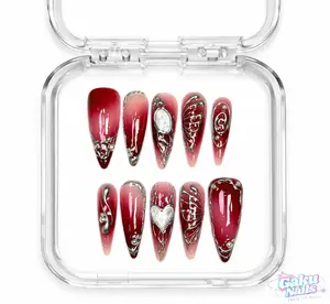 GakuNails CRIMSON MIRAGE Fake Nails Kit - Eco-Friendly 10-Piece Handmade Stiletto Press-On Nails, Builder Gel Enhanced, Reusable Multi-Pack with Select Sizes, Glossy, Glossy False Nails