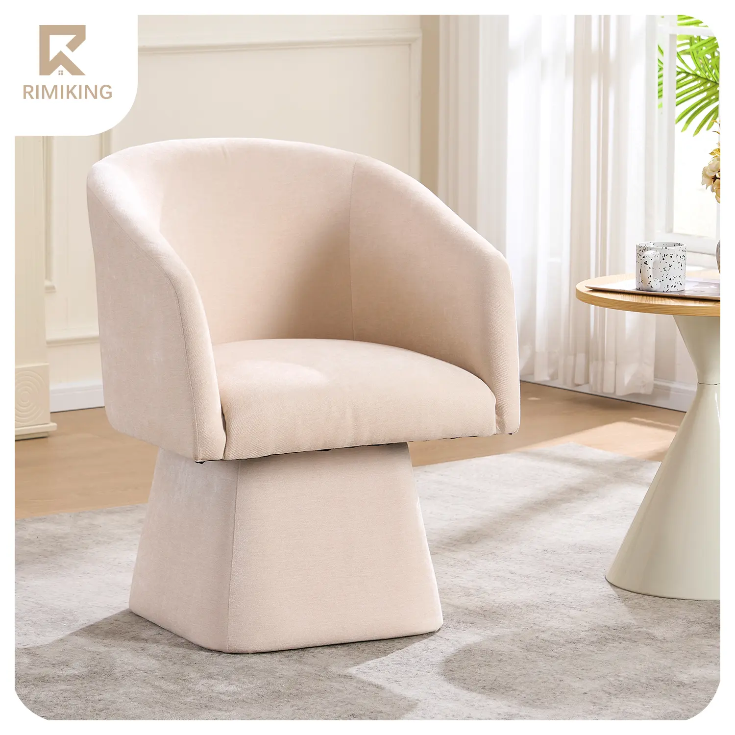 【Fathersdaygift】RIMIKING 360° Rotating Swivel Accent Chair with Ergonomic Curved Back, Plush Upholstery Fabric, High-Density Foam Seat, Solid Pedestal Base, Indoor Furniture Chairs, Modern Accent Chair