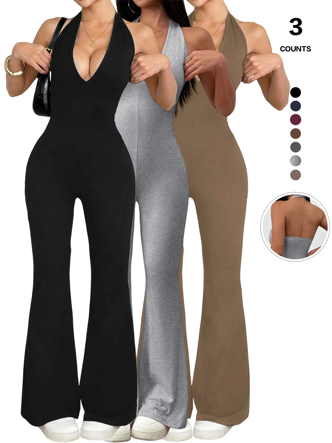 Women's Halter Neck Jumpsuit Rompers, Sleeveless Deep V Backless Chic Design, Flare Leg Romper for Casual Wear, High Waist Fitted Style Outfits, Womenswear