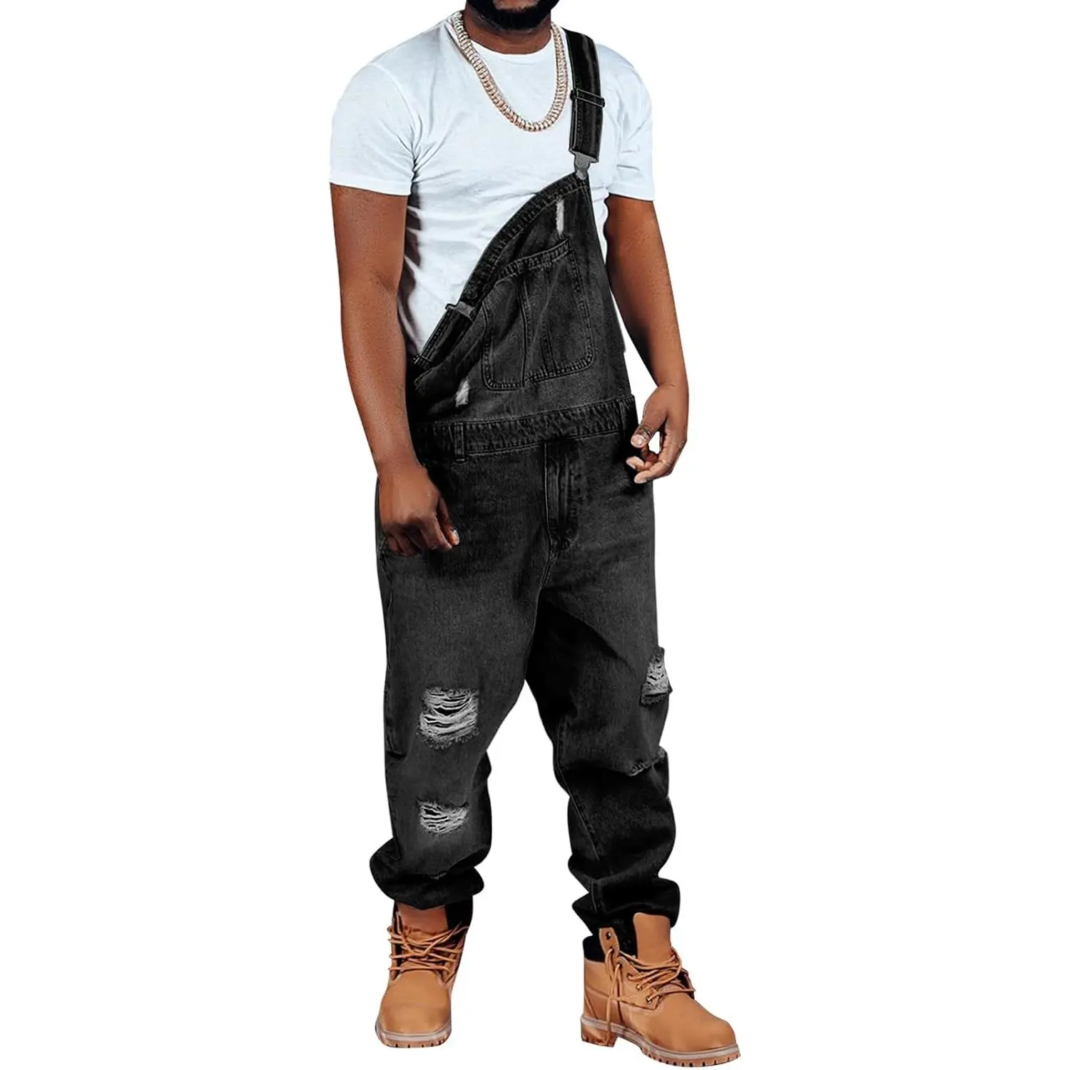 Runcati Men's Ripped Distressed Denim Bib Overall - Baggy Long Adjustable Strap, Fashion Casual Hippie Jumpsuit with Hoodie & Sweaters Compatibility, Ripped Jeans