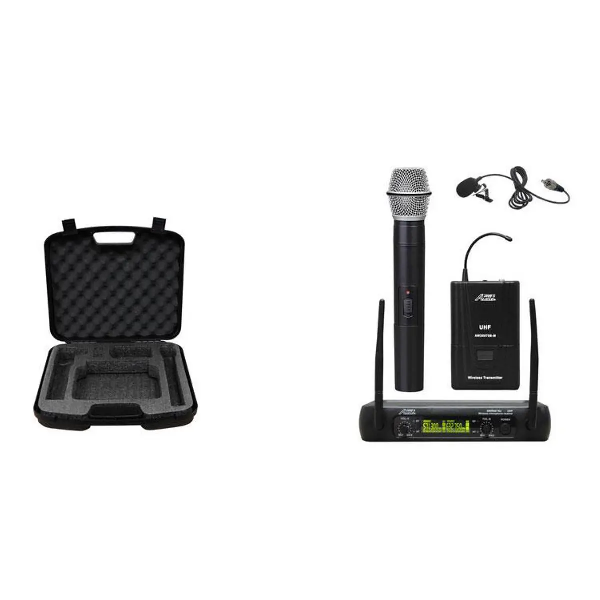 Audio 2000s AWM6074UL UHF Dual-Channel Wireless Handheld/Lavalier Microphone System, Includes AWR6074U Receiver, Body-Pack Transmitter, Lavalier Microphone, Handheld Microphone