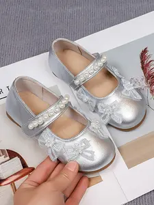 Girls' Plain PU Leather Shoes, Cute Princess Style, Pearl Lace Bow Design, Rubber Sole, Spring & Fall Single Shoe