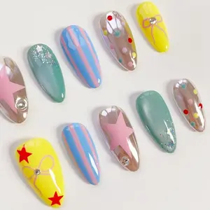 Handmade Summer Silver Chrome Nails, Green Cat Eye Rainbow Press On Nails