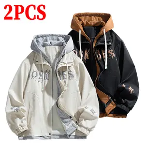 Men's Jacket Fashion Letter Print Fake Two-Piece Casual Sports Color Matching Hooded Couple Jacket Sweater