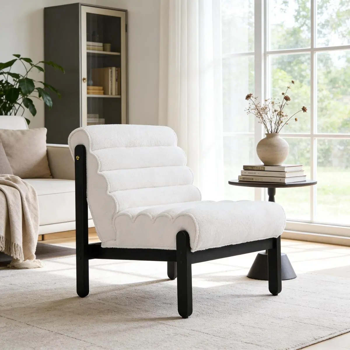 25.75"L*33"W*31.75"H White & Black Fluffy Accent Chair, Solid Wood Frame Shearling‑Style Polyester Upholstered Ergonomic Lounge Chair for Living Room Bedroom