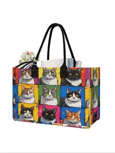 Large Capacity Cat Pattern Storage Bag, Durable Handle, Space Saving Multi-Purpose, Ideal for School, Travel, Shopping