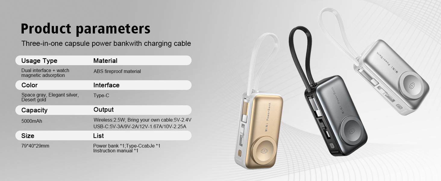 5000mAh Chargeable Portable Power Bank for Smartphones, 10W Fast Charging, Type-C & Multiple Ports, Lightweight Built-In Cable Accessory for Other Mobile Devices