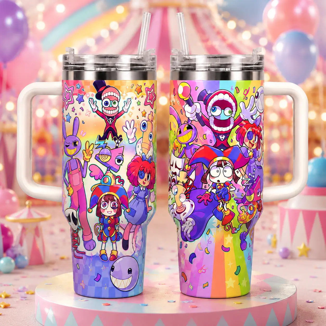 Amazing Digital Circus Tumbler 20oz 40oz, Pomni Jax Caine Mug, Cartoon Character Travel Mug with Handle, Gift for Kids & Fans