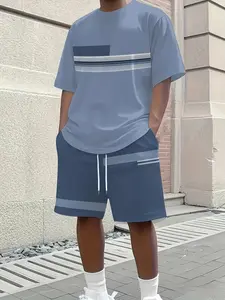 Men's Outdoor Set Summer Trendy Short Sleeve Crew Neck Quick-Dry Tee + Shorts, 3D Digital Print Retro Stripes, Casual Fitness Running Wear, Workout Sets, Summer Fitness Outfit